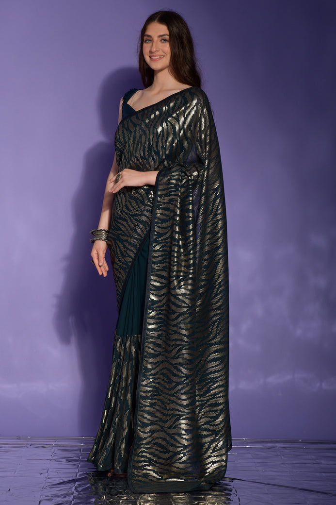 Georgette With Heavy Sequence Embroidery Work Saree