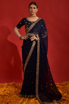 Admyrin Navy Blue Heavy Georgette Sequence Codding Embroidery Work Party Wear Saree with Blouse Piece