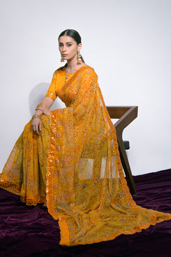 Admyrin Beige and Mustard Soft Chiffon Foil Printed Lace Border Saree with Blouse Piece