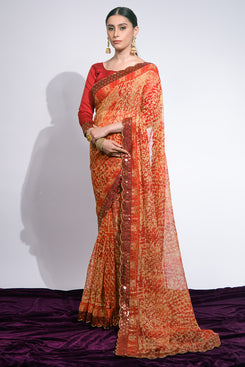 Admyrin Beige and Red Soft Chiffon Foil Printed Lace Border Saree with Blouse Piece