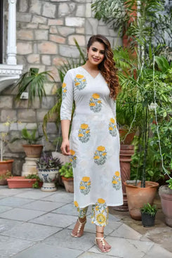 Admyrin Yellow Cotton Blend Printed Readymade Kurta With Pant and Dupatta Set