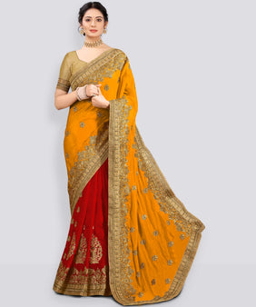 Admyrin Yellow Silk Blend Embelished Saree with Blouse Piece