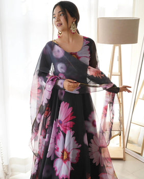 Admyrin Black Georgette Classy Designer Floral Print Readymade Gown