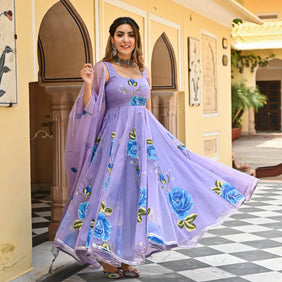 Admyrin Lavender Georgette Classy Designer Floral Print Readymade Gown