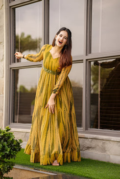 Admyrin Yellow Georgette Classy Designer Printed Readymade Gown