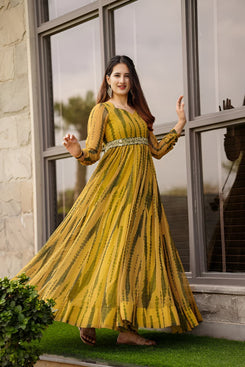 Admyrin Yellow Georgette Classy Designer Printed Readymade Gown