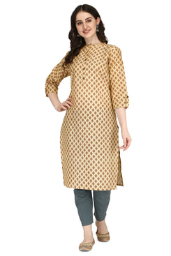 Admyrin Beige Bright & Beautiful Bhagalpuri Cotton with Block Printing Party Wear / Festive Wear Kurti