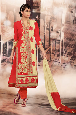 Bhelpuri Red and Cream Embroidered Georgette Salwar Kameez with Dupatta