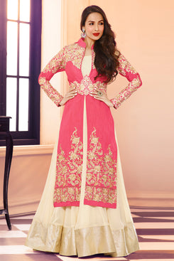 Bhelpuri Malaika Arora Khan Pink and Cream Georgette Semi-stitched Fancy Salwar Kameez with Dupatta