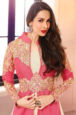 Bhelpuri Malaika Arora Khan Pink and Cream Georgette Semi-stitched Fancy Salwar Kameez with Dupatta