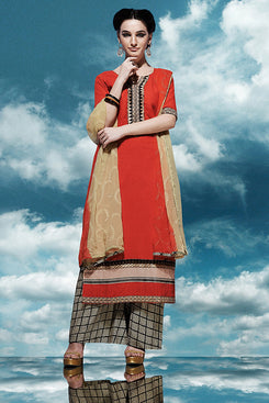 Bhelpuri Red Cotton Salwar Kameez with Printed Bottom and Chiffon Dupatta