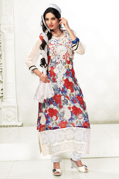 Bhelpuri White and Blue Chiffon Printed Fancy Salwar Kameez with Dupatta