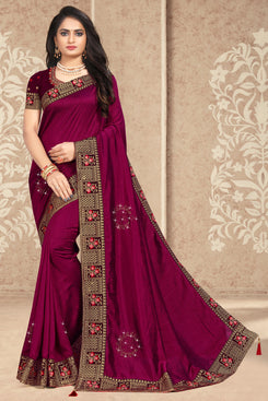 Bhelpuri Purple Vichitra silk Embroidered with Border Traditional Saree with Blouse Piece