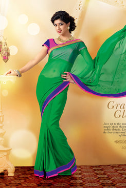 Bhelpuri Green Chiffon Saree with Patch Border Work