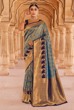 Admyrin Blue and Gold Soft Silk Woven Party Wear Saree with Blouse Piece