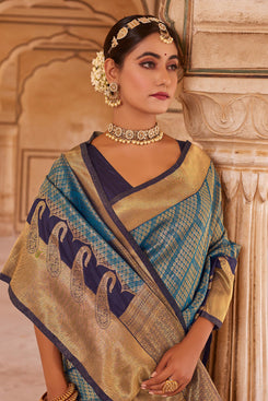 Admyrin Blue and Gold Soft Silk Woven Party Wear Saree with Blouse Piece