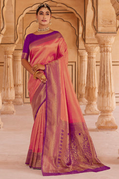 Admyrin Pink Soft Silk Woven Party Wear Saree with Blouse Piece