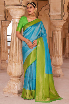 Admyrin Sky Blue Soft Silk Woven Party Wear Saree with Blouse Piece