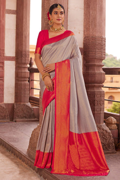 Admyrin Grey Soft Silk Woven Party Wear Saree with Blouse Piece