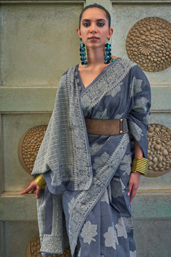Admyrin Grey Chickankari Lucknowi Sequince Work Woven Party Wear Saree with Blouse Piece