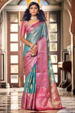 Admyrin Green Organza Jacquard Saree with Blouse Piece