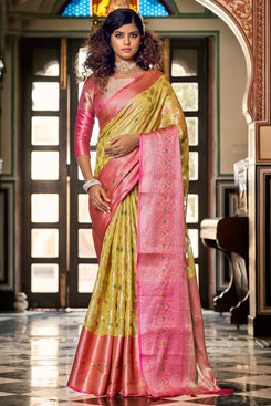 Admyrin Yellow Organza Jacquard Saree with Blouse Piece