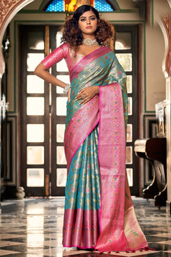 Admyrin Green Organza Jacquard Saree with Blouse Piece