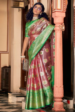 Admyrin Red & Green Organza Jacquard Saree with Blouse Piece