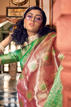 Admyrin Red & Green Organza Jacquard Saree with Blouse Piece