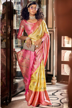 Admyrin Yellow & Pink Organza Jacquard Saree with Blouse Piece