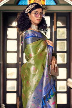 Admyrin Green & Blue Organza Jacquard Saree with Blouse Piece