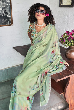 Admyrin Pista Green Satin Georgette Digital Printed Party Wear Saree with Blouse Piece