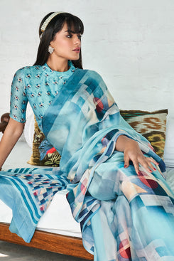 Admyrin Sky Blue Satin Georgette Digital Printed Party Wear Saree with Blouse Piece