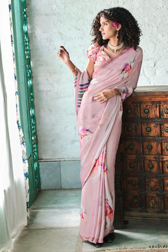 Admyrin Light Pink Satin Georgette Digital Printed Party Wear Saree with Blouse Piece