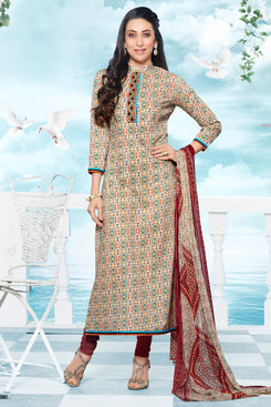 Bhelpuri Karisma Kapoor Beige Cotton Dress Material with Bottom and Dupatta