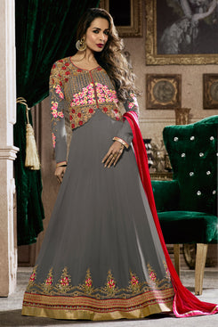 Bhelpuri Grey Georgette Embroidered Semi-stitched Salwar Kameez with Bottom and Dupatta