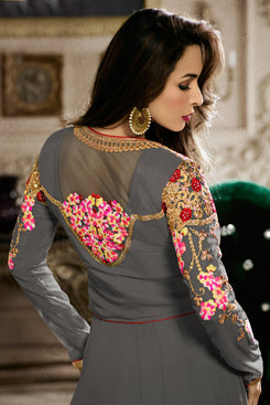 Bhelpuri Grey Georgette Embroidered Semi-stitched Salwar Kameez with Bottom and Dupatta