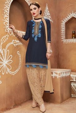 Bhelpuri Navy Blue Cotton Embroidered patiyala Style Dress Material