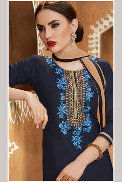 Bhelpuri Navy Blue Cotton Embroidered patiyala Style Dress Material