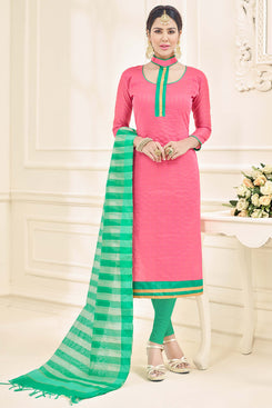 Bhelpuri Pink Chanderi Dress Material with Green Bottom and Dupatta