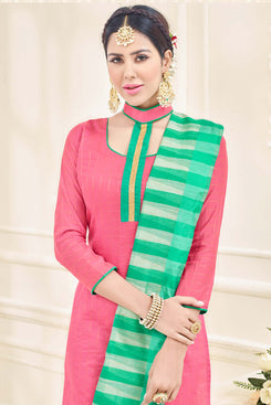 Bhelpuri Pink Chanderi Dress Material with Green Bottom and Dupatta