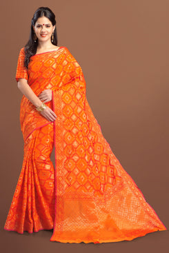 Bhelpuri Orange Tussar Silk Patola Saree with Orange Blouse Piece