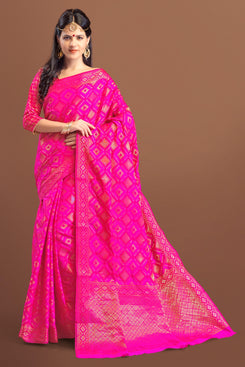 Bhelpuri Pink Tussar Silk Patola Saree with Pink Blouse Piece