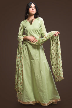 Pista Green Cotton Cambric Salwar Suit with Cotton Mul Crush Dupatta