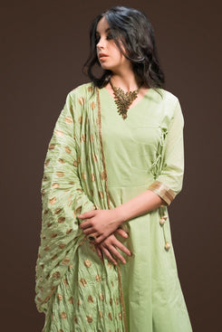 Pista Green Cotton Cambric Salwar Suit with Cotton Mul Crush Dupatta