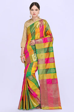 Bhelpuri Multi Colour Cotton Blend Woven Saree with Blouse Piece