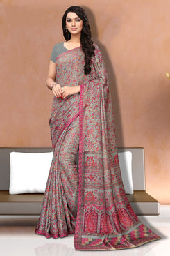 Bhelpuri Grey and Pink Silk Printed Saree with Silk Blouse Piece