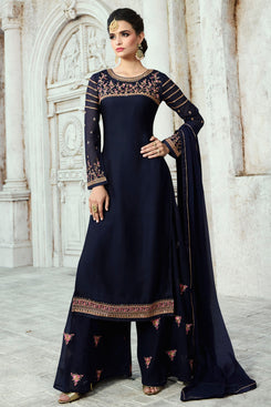 Bhelpuri Navy Blue Satin Georgette Semi-Stitched Salwar Suit